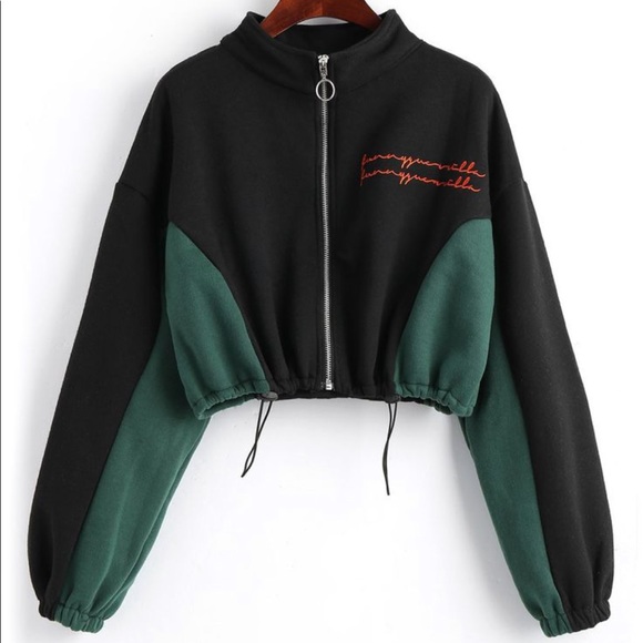 Zaful Going Home Cropped Sweatshirt Zip Front Cat Design Black Green - Picture 2 of 12